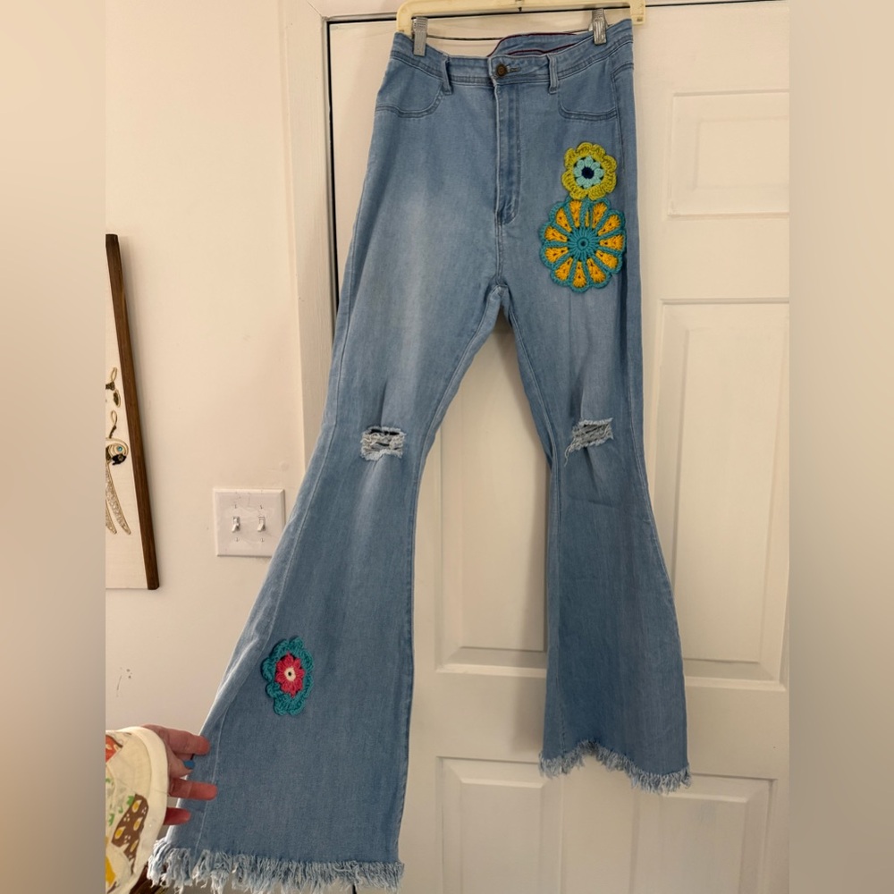 ** SOLD**  Hippie dippie high waisted bell bottoms with crochet appliqués